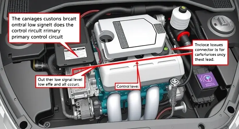A detailed illustration of a car engine with a focus on the primary control circuit. Show the wiring and components involved in the control circuit, highlighting potential areas where a low signal level could occur. Include visual indicators of possible issues such as loose connections, damaged wires, or faulty sensors.