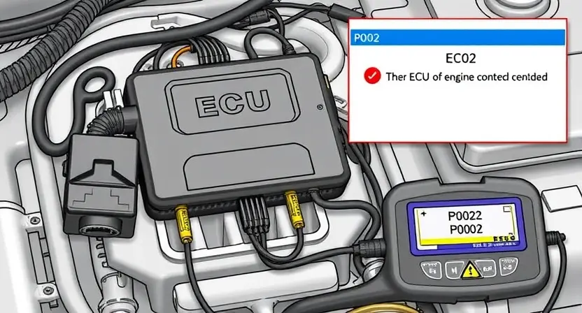 A detailed illustration of an engine control unit (ECU) with various sensors and diagnostic tools connected. The ECU should be highlighted, and wires/connections should be clearly visible. A diagnostic screen displaying a P0202 error code should be shown.