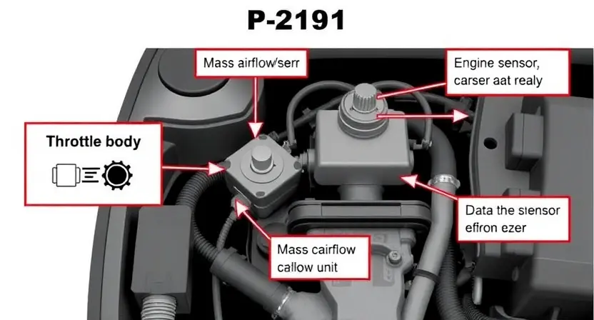 A detailed diagram illustrating the P2191 error in a vehicle's engine system. The diagram should clearly show the relevant components (e.g., mass airflow sensor, throttle body, engine control unit) and the flow of data between them. Use arrows to indicate the data pathways. Highlight the sensor or component most likely causing the error. The overall aesthetic should be clean and informative, suitable for a technical manual.