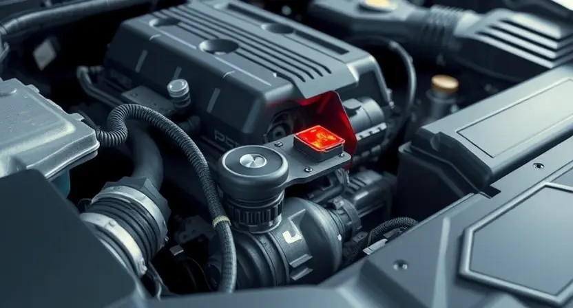 A close-up, detailed illustration of a car engine bay with a highlighted sensor. The sensor should be clearly visible, with a visual indication of a malfunction (e.g., a subtle red glow or a slightly distorted appearance). Focus on the intricate details of the engine components and wiring. The overall lighting should be bright and clean, emphasizing the technical aspects.