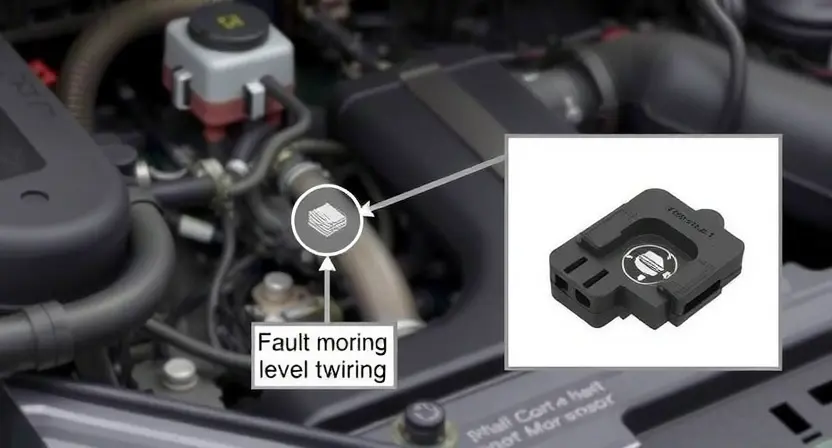 A detailed illustration of a car's engine bay, focusing on the coolant level sensor and its wiring. The sensor should be clearly visible, along with the associated wiring harness and connector. Include a visual representation of the potential fault within the sensor or wiring. The background should be slightly blurred to emphasize the sensor and wiring.