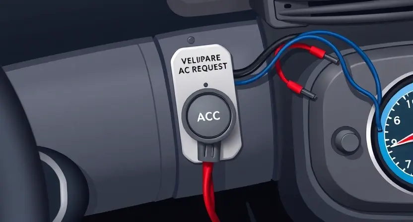 A close-up, detailed illustration of an automotive dashboard with a focus on the climate control system. The image should depict wiring and components related to the AC request circuit. The overall aesthetic should be clean and technical, emphasizing the internal workings of the system. The color palette should be realistic, reflecting the colors of automotive parts (black, gray, silver, and hints of blue/red for wiring).