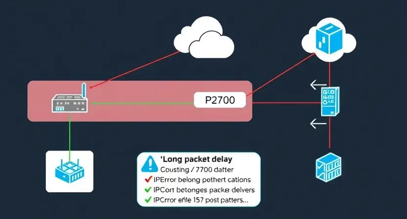 A detailed illustration depicting a network diagram with a highlighted area representing a P2700 error. Include icons representing network devices (routers, switches, servers), data flow, and a visual representation of the 'long packet delay' issue. The diagram should clearly show the root cause of the error and potential solutions.