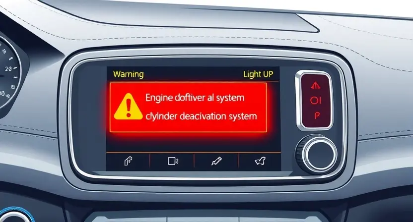 A high-quality technical illustration showing a modern car engine control unit with a highlighted warning light indicating a cylinder deactivation system error, clean digital interface, no text or numbers on the image, professional automotive diagnostic style