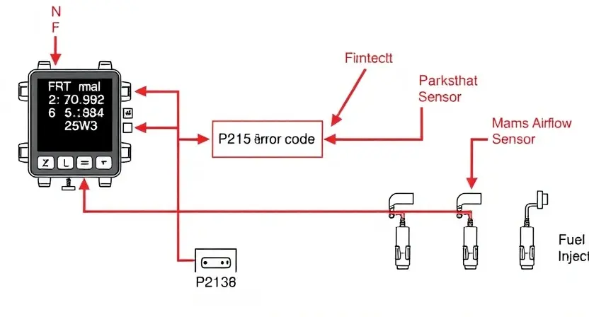 A detailed diagram illustrating the engine control unit (ECU) and its connection to various engine components like the crankshaft position sensor, camshaft position sensor, mass airflow sensor, and fuel injectors. Highlight the P2138 error code pathway within the diagram, showing the data flow and potential points of failure. Focus on a clean, technical illustration style.