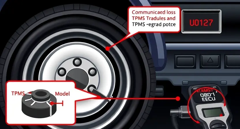 A detailed technical illustration of a car's tire pressure monitoring system (TPMS) showing a sensor inside a wheel, a warning light on the dashboard displaying 'U0127', and diagnostic tools like an OBD-II scanner connected to the vehicle's port, with arrows indicating communication loss between the TPMS module and the ECU, all in a clean, professional automotive engineering style
