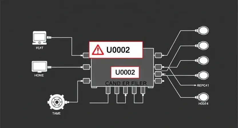 A high-quality technical illustration showing a CAN bus network with a highlighted error code U0002, featuring a warning sign or indicator light on a vehicle control module, surrounded by schematic lines and network nodes, clean and professional design