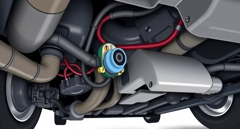 A close-up, detailed illustration of a car's undercarriage, specifically focusing on the differential pressure sensor and its associated wiring. The sensor should be clearly visible, along with the connecting wires and any nearby components. The image should convey a sense of technical precision and diagnostic inspection.