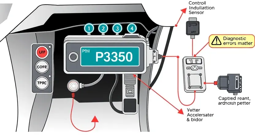 A high-quality technical illustration of an electronic accelerator pedal system showing a diagnostic error code P3350, with visible components like sensors, wiring harnesses, and control modules, rendered in clean technical drawing style with labeled parts and diagnostic indicators