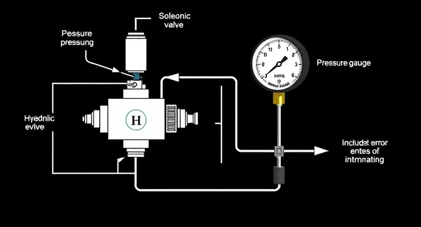 A detailed schematic diagram of a hydraulic system, highlighting a solenoid valve labeled 'H' and its connection to a pressure gauge. Include visual representations of pressure flow and potential error indicators.