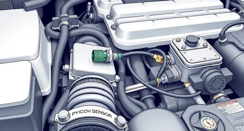 A detailed illustration of an automotive engine bay, focusing on the oxygen sensor and its wiring. The oxygen sensor should be clearly visible, connected to a wiring harness. High-quality, realistic depiction.