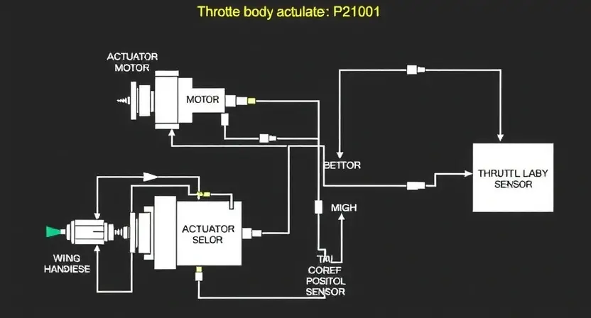 A detailed schematic diagram of an automotive throttle body electric actuator circuit, highlighting the wiring and components involved in the P2100 error. Focus on the connection between the actuator and the engine control unit (ECU). Include labels for key components like the actuator motor, position sensor, and wiring harness. The diagram should be clean and easy to understand, illustrating the potential points of failure in the circuit.