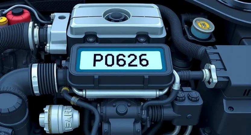 A detailed illustration of a car engine with the P0626 error code highlighted. The engine should be realistically rendered, showing various components like the camshaft, crankshaft, and sensors. The P0626 code should be displayed prominently on a digital display within the engine bay, with a clear explanation of what it means.