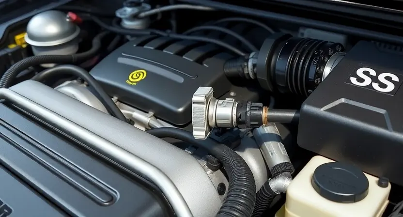 A close-up, detailed illustration of a car engine bay with a focus on the engine's components. Highlight the oxygen sensor and related wiring. The engine should appear clean and well-maintained. The overall lighting should be bright and professional, showcasing the mechanical details.