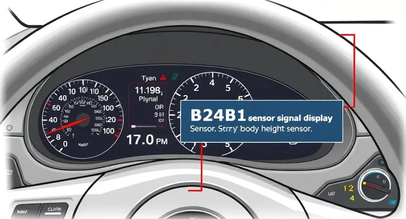 A detailed illustration of a car's dashboard with a highlighted sensor signal display showing an error code B24B1. The dashboard should include various gauges, buttons, and warning lights. The sensor signal display should visually represent the problem with the body height sensor.