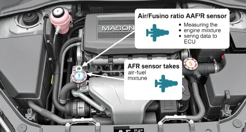 A detailed illustration of an automotive engine bay, highlighting the location of the Air/Fuel Ratio (AFR) sensor. The sensor should be clearly visible, with arrows pointing to its connection to the engine control unit (ECU) and the intake manifold. Include a simplified diagram showing the AFR sensor's function in measuring the air-fuel mixture and sending data to the ECU. Focus on technical accuracy and clarity.