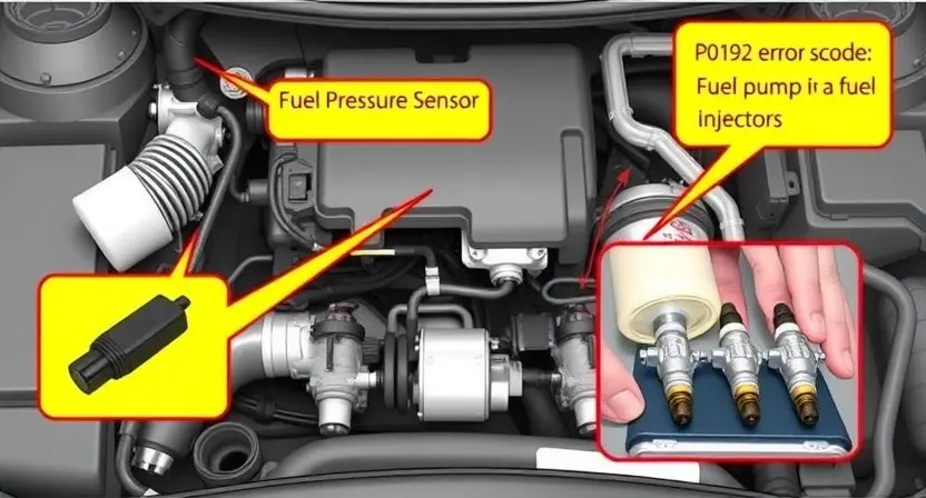 A detailed illustration of a car's fuel system with visual representations of the P0192 error code, fuel pressure sensor, fuel pump, and fuel injectors. The image should clearly show the components and their connections. Focus on technical accuracy and clarity.