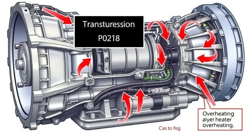 A detailed illustration of an automatic transmission (АКПП) with a visual representation of the P0218 error code highlighted. The illustration should show the internal components of the transmission, with arrows indicating fluid flow and potential heat sources. Include a visual representation of overheating and the associated warning signs.