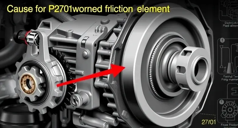 A detailed illustration of a transmission component with a worn friction element, highlighting the cause of the P2701 error code. The image should show close-ups of the friction element, gears, and related parts, with visual cues indicating wear and tear. The background should be a technical schematic or workshop environment.