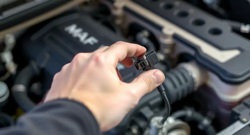A close-up, detailed image of a car's mass airflow sensor (MAF sensor) being inspected. The sensor should be clearly visible, with wiring connected to it. A mechanic's hand is gently touching the sensor to indicate a check. The background should show a blurred automotive engine bay, suggesting a diagnostic process. Focus on the sensor and its immediate surroundings.