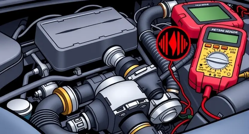 A detailed illustration of a car engine bay with a focus on the fuel injector sensor and wiring. The sensor should be clearly visible, and the wiring should be depicted in a way that suggests a potential signal interruption. Include diagnostic tools like a multimeter and a scan tool in the background. The overall scene should convey a sense of technical inspection and troubleshooting.