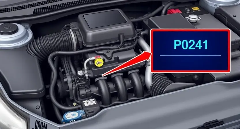 A detailed illustration of an automotive engine bay, focusing on the area where the boost pressure sensor is located. The sensor should be clearly visible, along with associated wiring and connections. Include a visual representation of the P0241 error code displayed on a dashboard or diagnostic screen. The overall scene should convey a sense of technical detail and automotive repair.