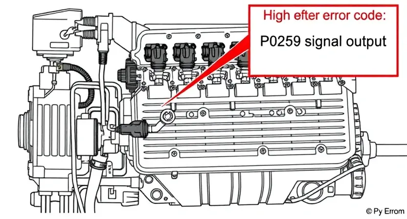 A detailed illustration of a fuel injection system with a highlighted P0259 error code indicator. The diagram should clearly show the fuel pump, fuel injectors, fuel pressure regulator, and engine block. The image should emphasize the high signal output related to the P0259 error.