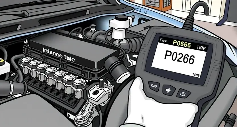A detailed illustration depicting a car engine bay with a diagnostic scanner connected to the engine's computer. The engine should be partially visible, showcasing components like the intake manifold, exhaust manifold, and various sensors. A visual representation of the P0266 error code should be displayed on the scanner's screen. The background should be a clean, uncluttered garage setting.