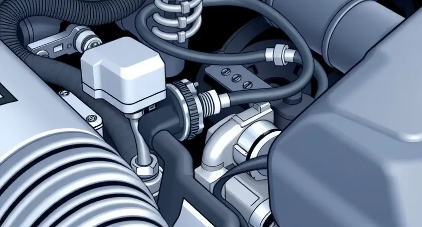 A close-up, detailed illustration of an engine bay with a focus on the coolant temperature sensor and its wiring. The sensor should be clearly visible, along with surrounding hoses and components. The overall lighting should be bright and clean, emphasizing the technical aspects.