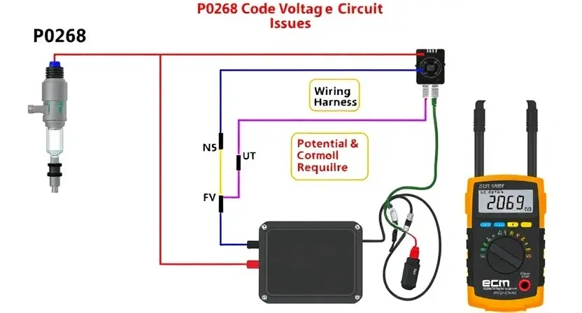 A detailed schematic diagram of an engine's fuel injector circuit, highlighting the P0268 code and potential voltage issues. Include labels for the fuel injector, wiring harness, ECM (Engine Control Module), and voltage testing equipment. The diagram should be clean and easy to understand, with color-coding for different components.
