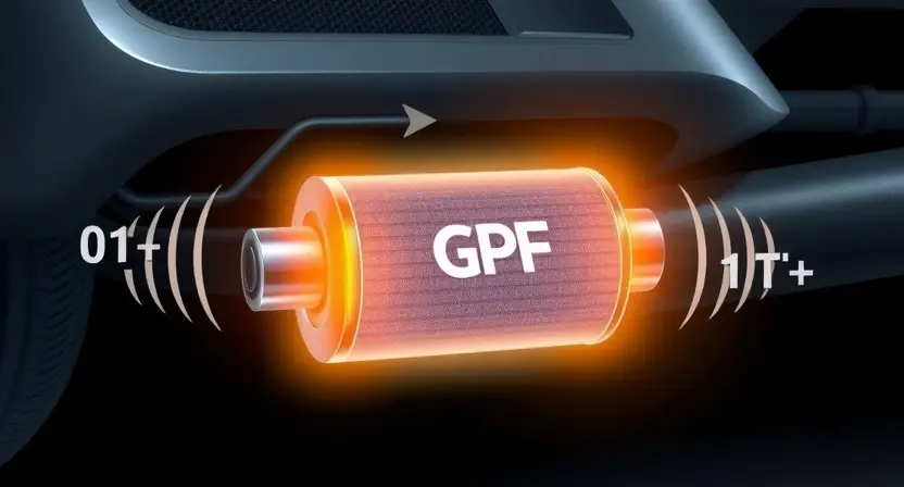 A high-quality technical illustration showing a modern diesel vehicle's exhaust system with a glowing GPF (Gasoline Particulate Filter) component, surrounded by subtle symbols of regeneration like gentle heat waves and particulate particles being filtered, clean technical background, no text or numbers visible