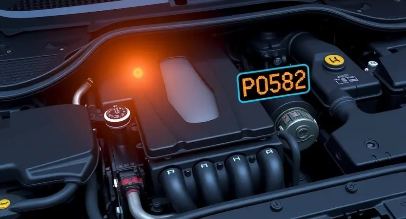A detailed illustration of a car engine with a diagnostic code light illuminated on the dashboard. Focus on the engine components, highlighting the area where the P0582 error code might be related. Include a visual representation of the error code on a digital display.