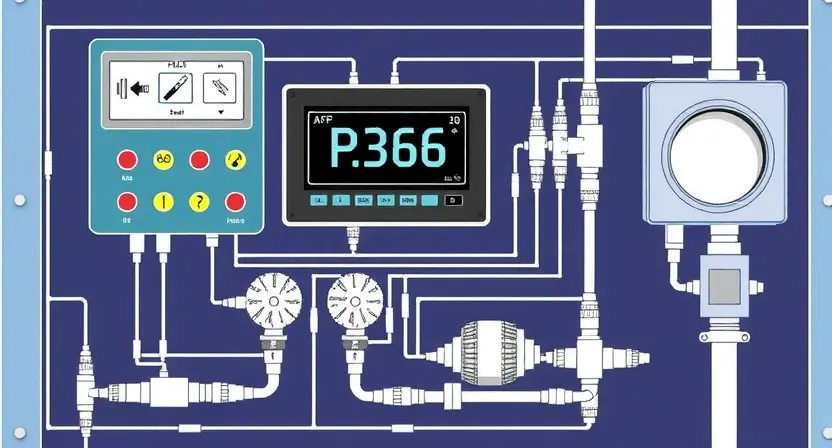 A detailed technical illustration of a gas injection system showing a fault indicator labeled P3366 on a control panel, with schematic components like valves, sensors, and pipes, rendered in a clean, high-quality technical diagram style