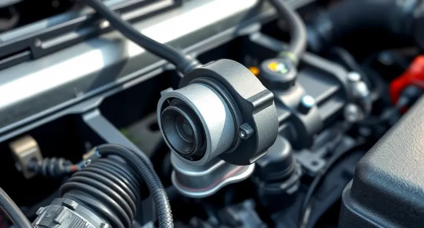 A close-up, detailed illustration of a car's engine bay, focusing on the Mass Airflow Sensor (MAF) and its associated wiring. The sensor should be clearly visible, with emphasis on its connections and the surrounding engine components. The overall lighting should be bright and clean, highlighting the sensor's details. The background should be slightly blurred to keep the focus on the MAF sensor.
