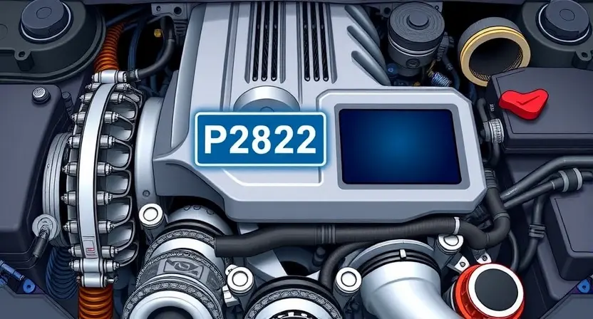 A detailed illustration of a car engine with a highlighted P2822 error code indicator. The engine should be realistically rendered, showing various components like pistons, valves, and belts. The P2822 code should be clearly displayed on a digital dashboard or a separate diagnostic screen within the engine bay. Focus on mechanical components and visual representation of the error code.