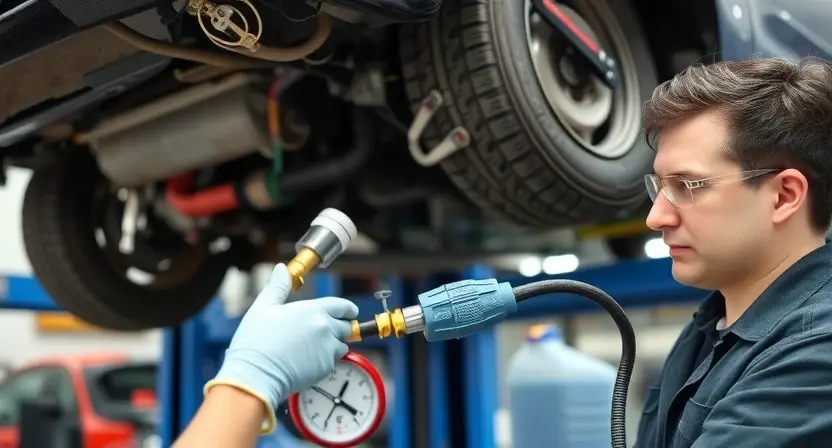 A mechanic is using a pressure tester on a car's cooling system. The car is raised on a lift, and hoses are connected to the tester. Focus on the cooling system components like the radiator, hoses, and coolant reservoir. The mechanic is wearing safety glasses and gloves. The background is a professional auto repair shop.
