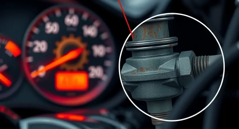 A high-quality technical illustration of a fuel pressure regulator malfunction in a vehicle engine, showing a glowing warning light on the dashboard and a close-up of a damaged regulator component with visible wear and corrosion, rendered in a realistic technical diagram style with precise engineering details and muted industrial color palette