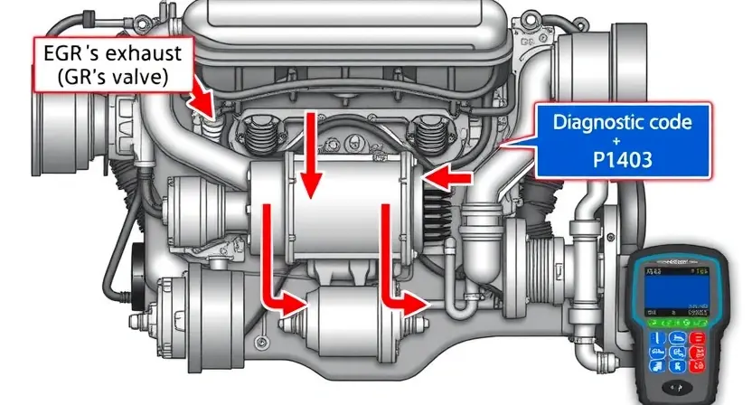 A detailed technical illustration of an exhaust gas recirculation (EGR) system in a diesel engine, showing the flow of exhaust gases through the EGR valve, cooler, and intake manifold, with a highlighted diagnostic code P1403 on an OBD-II scanner screen, clean technical diagram style