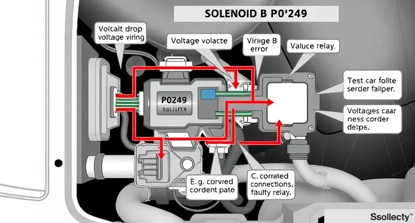 A detailed illustration of a car's solenoid B circuit, highlighting the potential causes of a P0249 error code. Include visual representations of voltage drop, wiring, and possible component failures (e.g., corroded connections, faulty relay). Focus on clarity and technical accuracy.