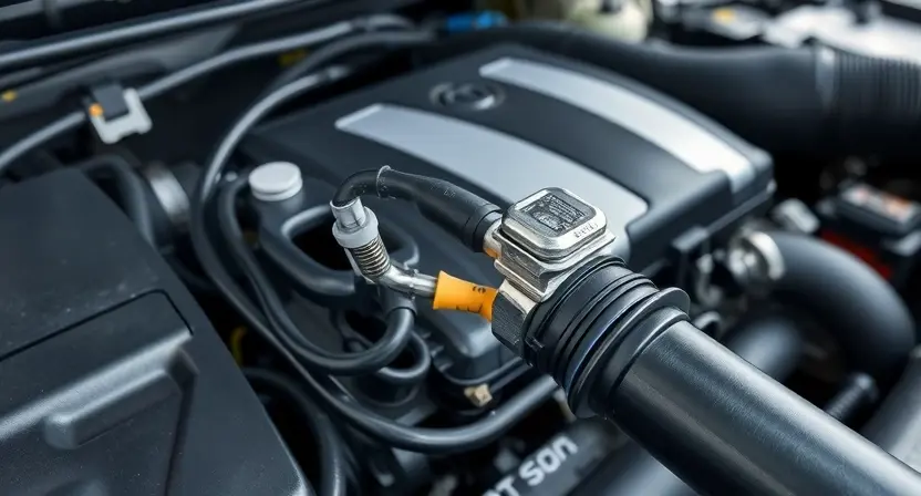 A close-up, detailed illustration of a car engine bay. Focus on the temperature sensor wiring and connections. Show a slightly disconnected or damaged wire near the sensor. The engine should be clean and modern-looking. The overall lighting should be bright and informative, highlighting the relevant components. The background should be blurred, emphasizing the engine components.