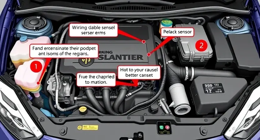 A detailed illustration of a car's engine bay with various components visible, highlighting potential causes of a P0130 error. Include visual representations of sensors, wiring, and hoses. Focus on clarity and technical accuracy.