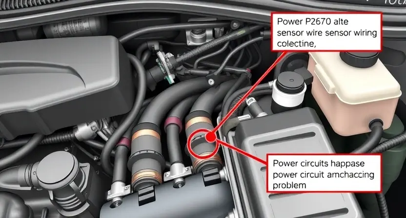 A detailed illustration of an automotive engine bay, focusing on the sensor wiring and power supply components. Highlight the area where the P2670 error might originate. Include visual cues representing a power circuit malfunction, such as a slightly damaged wire or a component with a visual indication of a problem. The overall aesthetic should be realistic and technical, emphasizing precision and detail.
