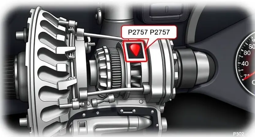 A detailed illustration of a car's transmission system, highlighting the P2757 error code indicator. The image should show the transmission components (gears, shafts, etc.) with visual cues indicating potential issues. Include a close-up of the error code light on the dashboard.