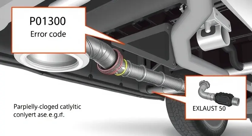 A detailed illustration of an automotive exhaust system with a focus on the oxygen sensor. The sensor should be clearly visible, connected to the engine's wiring, and positioned near the exhaust manifold. Include visual cues representing the P0130 error code and its potential causes (e.g., a partially clogged catalytic converter, a faulty oxygen sensor). The background should be a clean, technical environment.