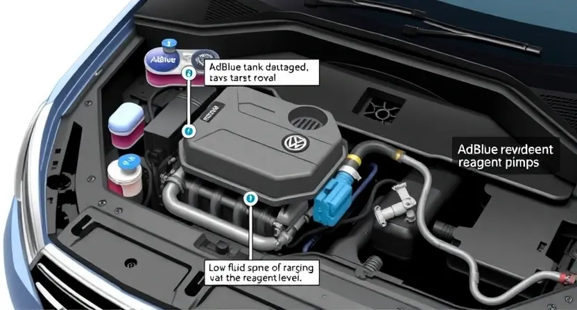 A detailed illustration of a car's engine bay, focusing on the AdBlue system components. Show the AdBlue tank, the pump, and the lines connecting them to the engine. Include visual cues indicating a potential issue with the reagent level, such as a low fluid level or a warning light. The background should be slightly blurred to emphasize the engine components.