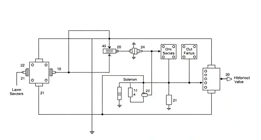 A detailed schematic diagram of a solenoid valve circuit, highlighting the components like the solenoid, wiring, relays, and any associated sensors or control units. The diagram should be clean, well-organized, and easy to understand, illustrating the flow of electricity and the function of each part. Focus on the electrical connections and the overall circuit configuration. The background should be a neutral color, allowing the diagram to stand out.