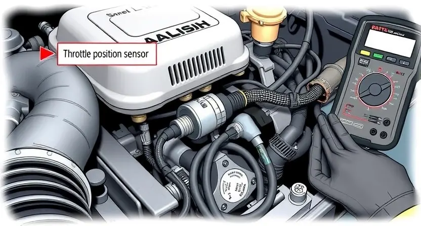 A detailed illustration of a car engine bay, focusing on the throttle position sensor. The sensor should be clearly visible, with wires and connections highlighted. Include diagnostic tools like a scan tool and a multimeter in the background. The overall scene should convey a sense of automotive repair and technical inspection.