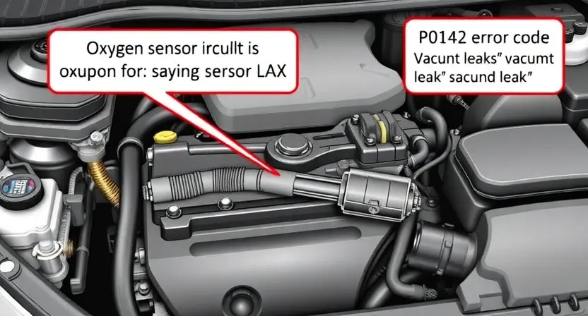A detailed illustration of an automotive engine bay, focusing on the oxygen sensor circuit. Show the oxygen sensor, wiring harness, and the engine control unit (ECU). Highlight the P0142 error code and its potential cause (vacuum leak).