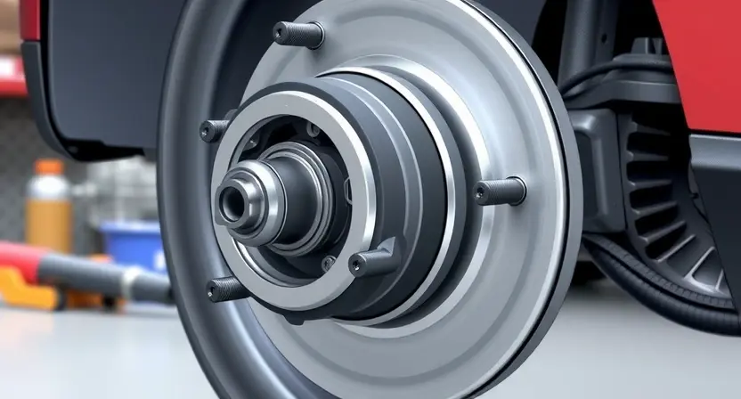 A detailed illustration of a car's front right wheel hub assembly, highlighting the speed sensor. The sensor should be clearly visible, with surrounding components like the wheel bearing and brake rotor depicted. Focus on the sensor's physical appearance and its connection to the wheel. The background should be a slightly blurred automotive workshop environment.