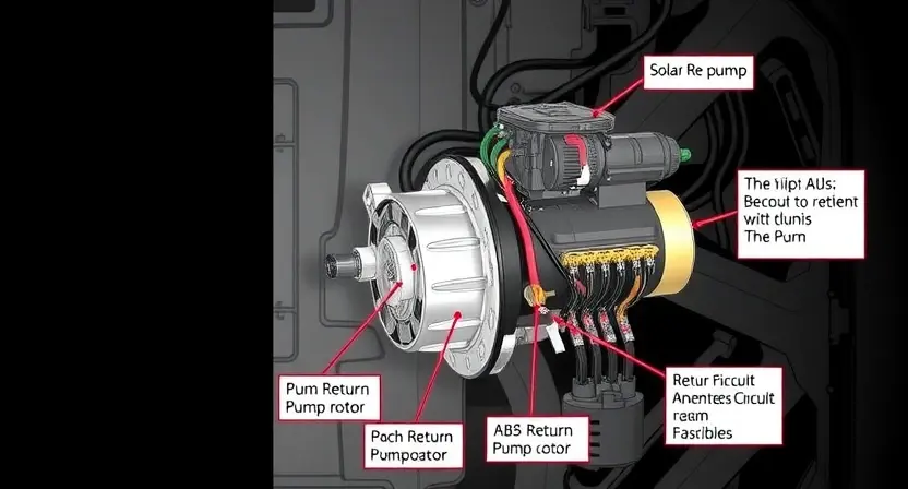A detailed technical illustration of an ABS return pump motor circuit, showing the pump, motor, wiring, and associated electrical components in a cutaway view, with clear labels indicating the circuit path and potential fault points, set against a clean automotive engineering background
